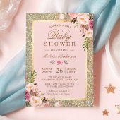 赤面ピンクフローラ金ゴールドキラキラ赤ちゃんシャワー 招待状