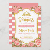 赤面ピンクフローラ金ゴールドクラウンプリンセスベビーシャワー 招待状 (正面/裏面)