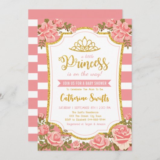 赤面ピンクフローラ金ゴールドクラウンプリンセスベビーシャワー 招待状 (正面/裏面)