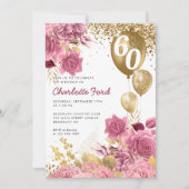 赤面ピンクフローラ金ゴールドグリッターバルーン誕生日 招待状 (正面)