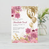赤面ピンクフローラ金ゴールドグリッターバルーン誕生日 招待状 (スタンド正面)