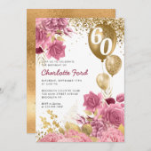 赤面ピンクフローラ金ゴールドグリッターバルーン誕生日 招待状 (正面/裏面)