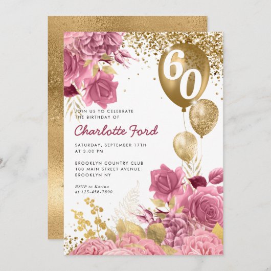 赤面ピンクフローラ金ゴールドグリッターバルーン誕生日 招待状 (正面/裏面)