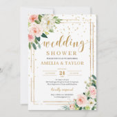 赤面ピンクフローラ金ゴールドグリッターボーウェディングシャワー 招待状 (正面)