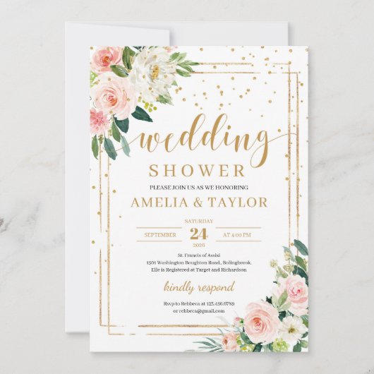 赤面ピンクフローラ金ゴールドグリッターボーウェディングシャワー 招待状 (正面)