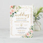 赤面ピンクフローラ金ゴールドグリッターボーウェディングシャワー 招待状 (スタンド正面)