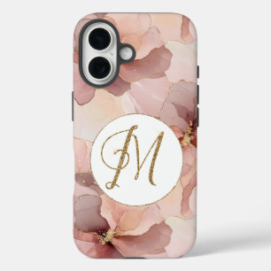 赤面ピンクフローラ金ゴールドグリッター文字M iPhone 16ケース