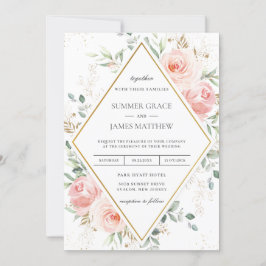 赤面ピンクフローラ金ゴールドダイヤモンドジオメト結婚リー 招待状