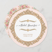 赤面ピンクフローラ金ゴールドティーパーティーブライダルシャワー 招待状 (正面/裏面)
