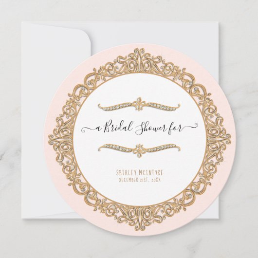 赤面ピンクフローラ金ゴールドティーパーティーブライダルシャワー 招待状 (正面)
