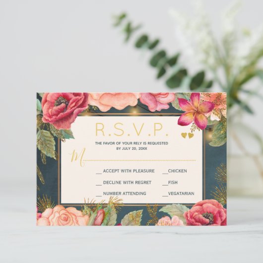 赤面ピンクフローラ金ゴールドネイビーエレガントな結婚式rsvp 出欠カード (スタンド正面)