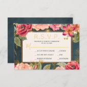 赤面ピンクフローラ金ゴールドネイビーエレガントな結婚式rsvp 出欠カード (正面/裏面)
