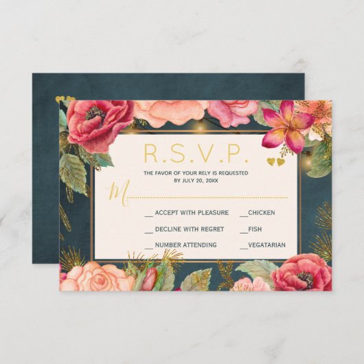赤面ピンクフローラ金ゴールドネイビーエレガントな結婚式rsvp 出欠カード (正面/裏面)