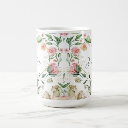 赤面ピンクフローラ金ゴールドハートモノグラム結婚ズ コーヒーマグカップ (中央)