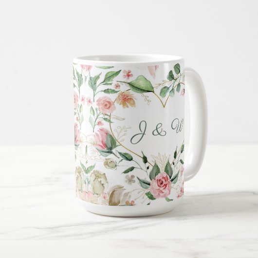 赤面ピンクフローラ金ゴールドハートモノグラム結婚ズ コーヒーマグカップ (正面右)