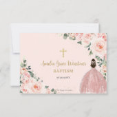 赤面ピンクフローラ金ゴールドバプテスマ《キリスト教》洗礼式や命名式返信 出欠カード (裏面)