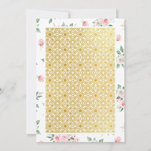 赤面ピンクフローラ金ゴールドパターン結婚ムスリム 招待状 (裏面)