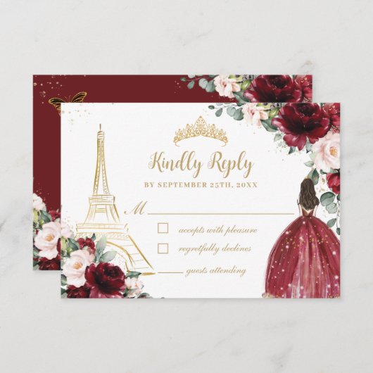 赤面ピンクフローラ金ゴールドパリプリンセスキンセアニラ 出欠カード (正面/裏面)