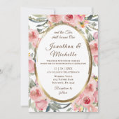 赤面ピンクフローラ金ゴールドフレームクリスチャン結婚ズ 招待状 (正面)
