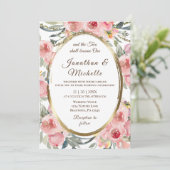 赤面ピンクフローラ金ゴールドフレームクリスチャン結婚ズ 招待状 (スタンド正面)