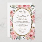 赤面ピンクフローラ金ゴールドフレームクリスチャン結婚ズ 招待状 (正面/裏面)