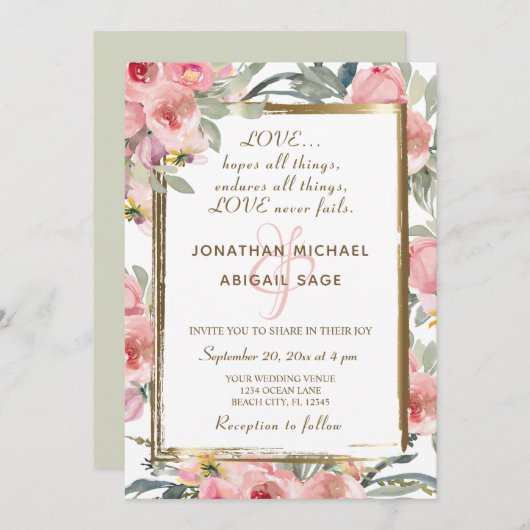 赤面ピンクフローラ金ゴールドフレームクリスチャン結婚ズ 招待状 (正面/裏面)