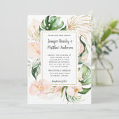 赤面ピンクフローラ金ゴールドフレームトロピカル結婚ズ 招待状 (スタンド正面)