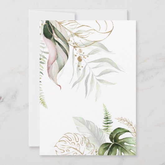 赤面ピンクフローラ金ゴールドフレームトロピカル結婚ズ 招待状 (裏面)