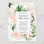 赤面ピンクフローラ金ゴールドフレームトロピカル結婚ズ 招待状 (正面/裏面)