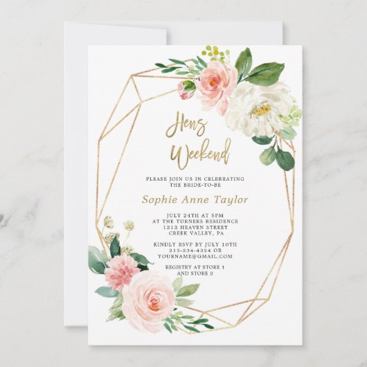 赤面ピンクフローラ金ゴールドフレームバチェロレッテ週末 招待状 (正面)