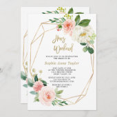 赤面ピンクフローラ金ゴールドフレームバチェロレッテ週末 招待状 (正面/裏面)