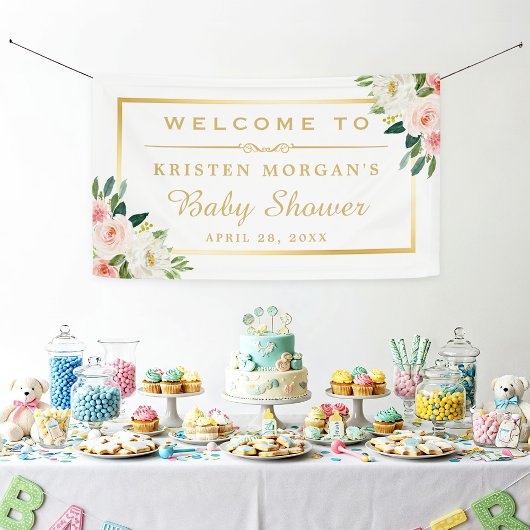 赤面ピンクフローラ金ゴールドフレームベビーシャワー 横断幕