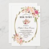 赤面ピンクフローラ金ゴールドブライダルシャワーティーパーティー 招待状 (正面/裏面)