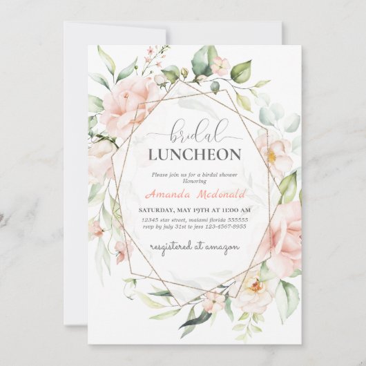 赤面ピンクフローラ金ゴールド幾何ブライダルシャワー 招待状 (正面)