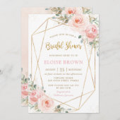 赤面ピンクフローラ金ゴールド幾何学ブライダルシャワー 招待状 (正面/裏面)