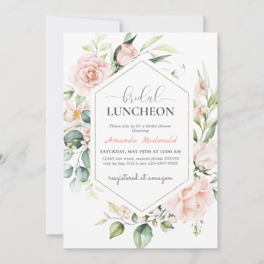 赤面ピンクフローラ金ゴールド幾何学ブライダル昼食会 招待状 (正面)