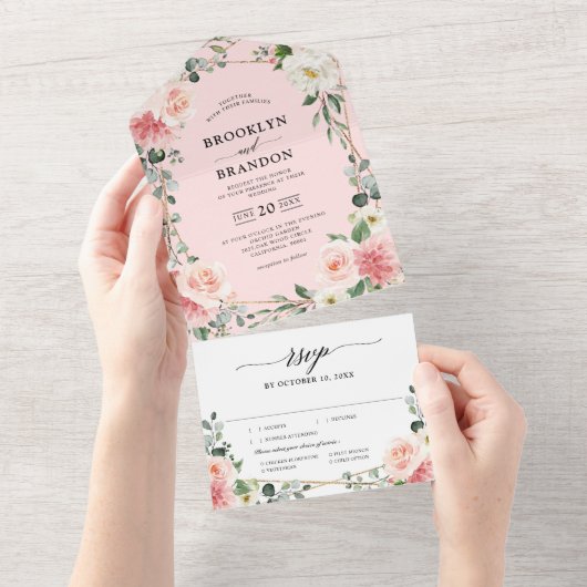 赤面ピンクフローラ金ゴールド幾何学植物結婚の オールインワン招待状 (貼ってはがせる)