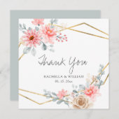赤面ピンクフローラ金ゴールド幾何学植物結婚の サンキューカード (正面/裏面)