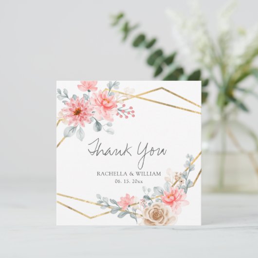 赤面ピンクフローラ金ゴールド幾何学植物結婚の サンキューカード (スタンド正面)