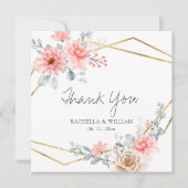 赤面ピンクフローラ金ゴールド幾何学植物結婚の サンキューカード (正面)