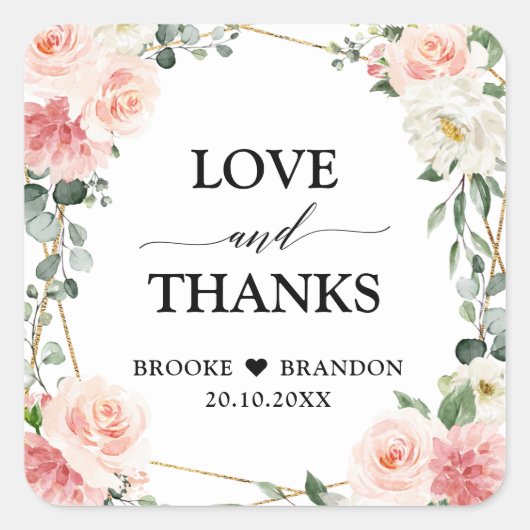 赤面ピンクフローラ金ゴールド幾何学植物結婚の スクエアシール (正面)