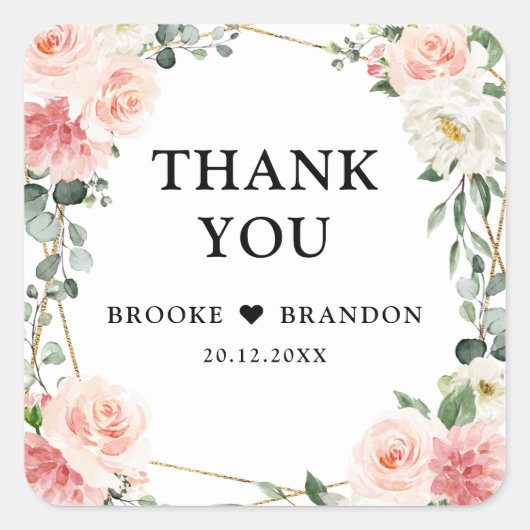 赤面ピンクフローラ金ゴールド幾何学植物結婚の スクエアシール (正面)