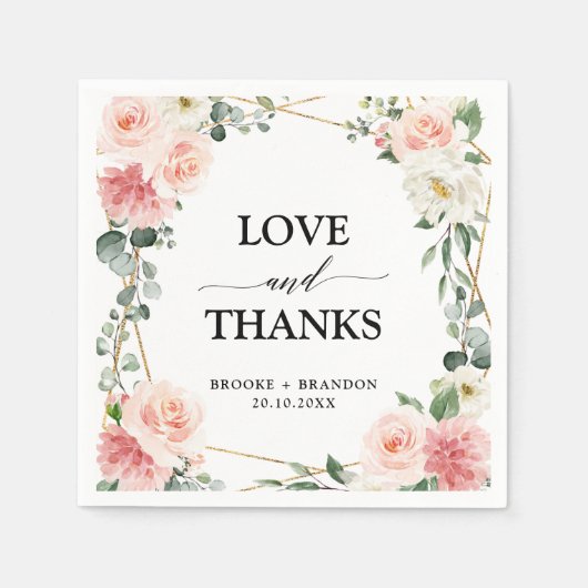 赤面ピンクフローラ金ゴールド幾何学植物結婚の スタンダードカクテルナプキン (正面)