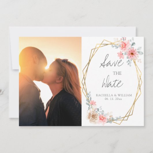 赤面ピンクフローラ金ゴールド幾何学植物結婚の セーブザデート (正面)