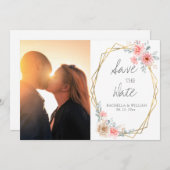赤面ピンクフローラ金ゴールド幾何学植物結婚の セーブザデート (正面/裏面)