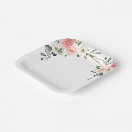 赤面ピンクフローラ金ゴールド幾何学植物結婚の ペーパープレート (傾斜あり)