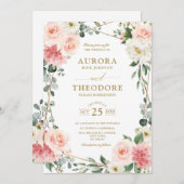 赤面ピンクフローラ金ゴールド幾何学植物結婚の 招待状 (正面/裏面)