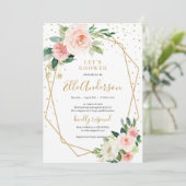 赤面ピンクフローラ金ゴールド幾何学的フレームブライダル 招待状 (スタンド正面)