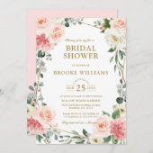 赤面ピンクフローラ金ゴールド幾何学的ブライダルシャワーInv 招待状 (正面/裏面)