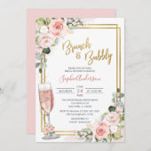 赤面ピンクフローラ金ゴールド幾何学的ブランチと泡立ち 招待状 (正面/裏面)